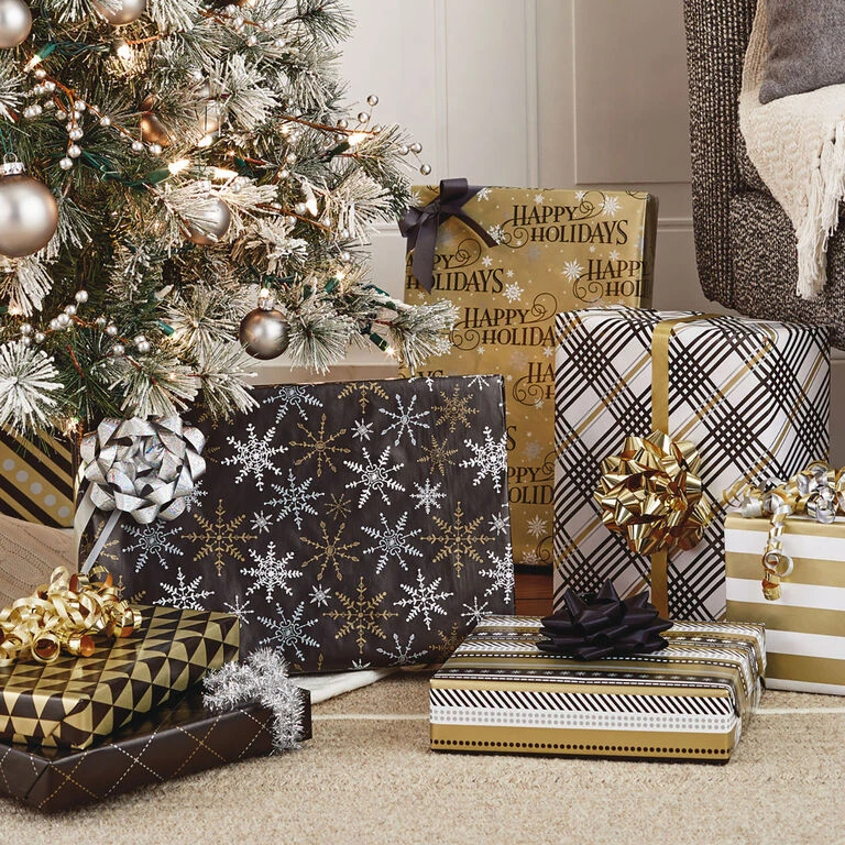 Hallmark Black And Gold 4-Pack Reversible Holiday Wrapping Paper Assortment, 150 Sq. Ft. 4 Hallmark Black And Gold 4-Pack Reversible Holiday Wrapping Paper Assortment, 150 Sq. Ft. - Image 2