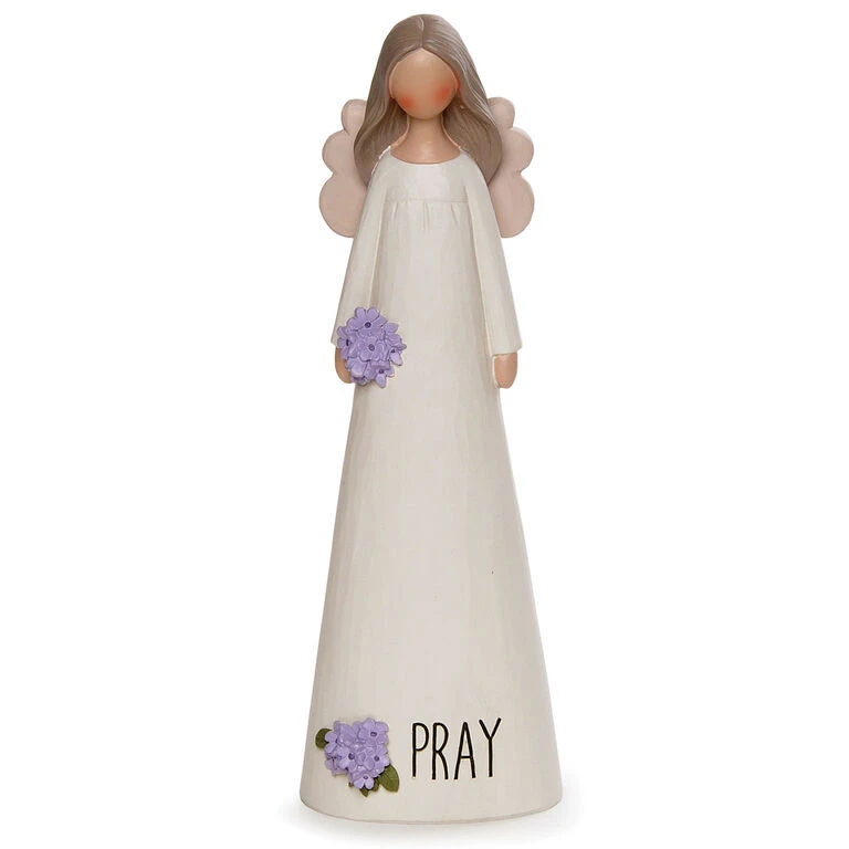 Blossom Bucket Pray Angel With Purple Flowers, 7.25" 3 Blossom Bucket Pray Angel With Purple Flowers, 7.25"