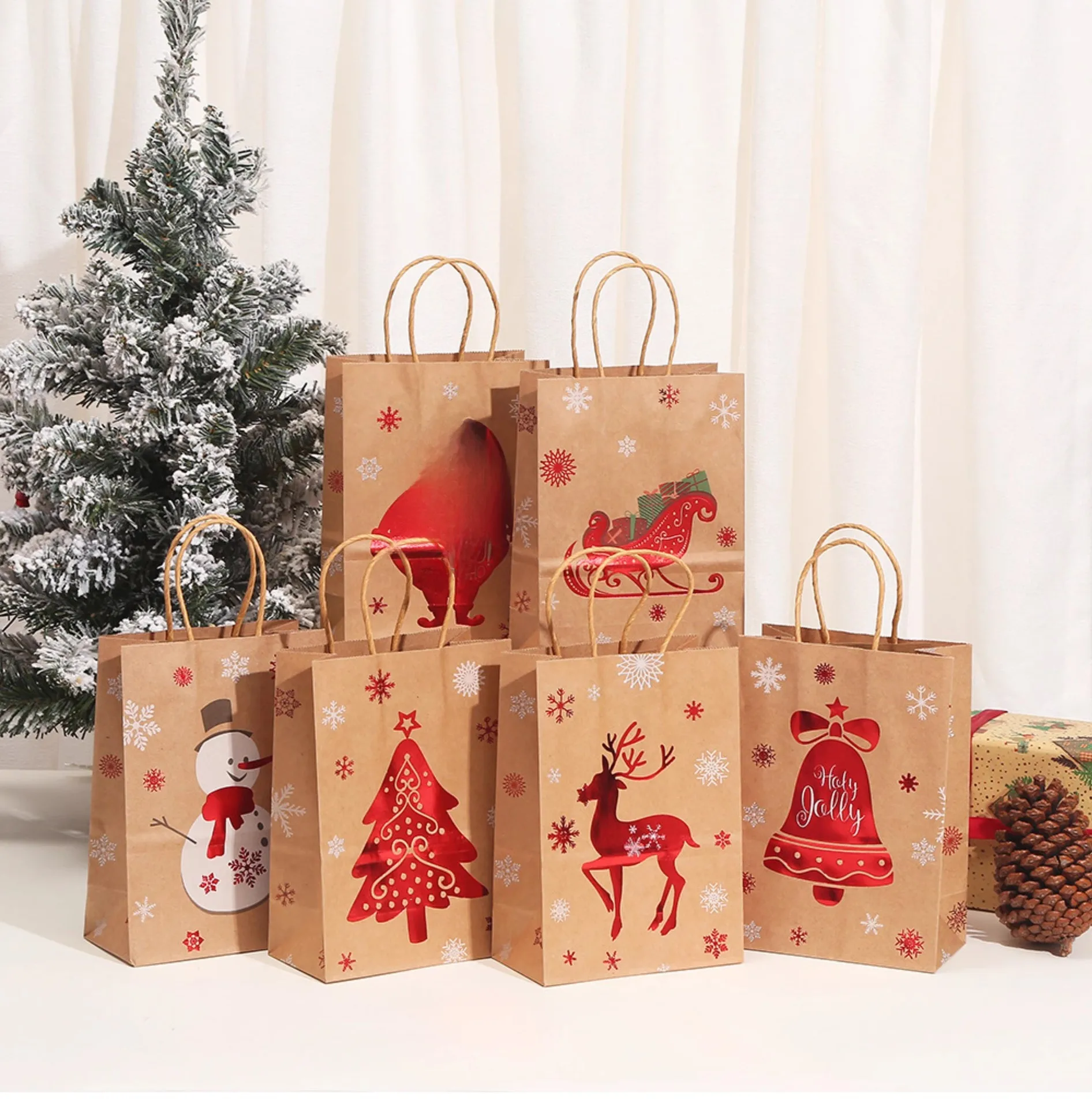 Hallmark Decoration Store -Hallmark Decoration Store Christmas Gift Bags Gold Foil Handheld Kraft Paper Bags Retro Style Holiday Present Packaging Bags Set Of 10 0